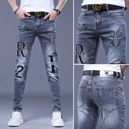 Slim Fit Korean Streetwear Graphical Printed Luxury Hip-Hop Stretch Denim Jeans for Men - Perfect Medium Wash Jeans Outfit
